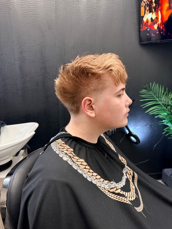 Side profile of a textured strawberry-blond quiff with a low fade