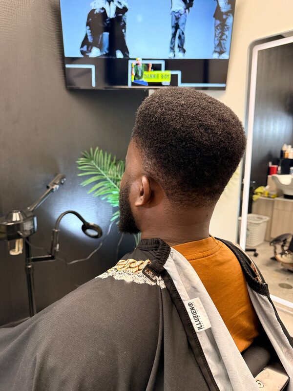 Back view of a rounded fade with natural texture on top and a full beard